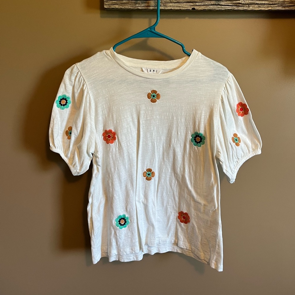 White T-Shirt with Floral Embroidery